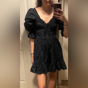 Hill House Black Poplin “Samantha” Ruched Puff Sleeve Mini Dress